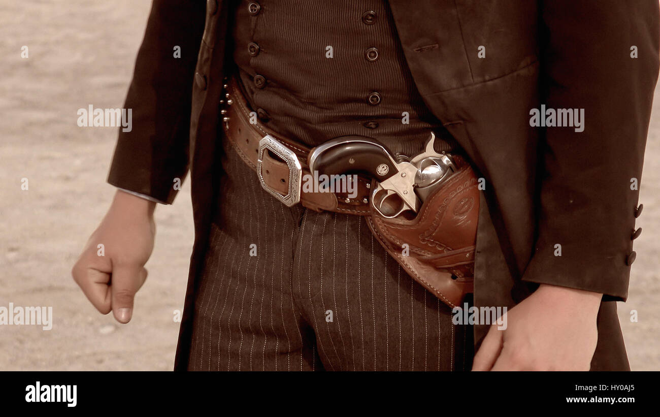 Close-up del gunbelt indossata da un selvaggio west gunfighter in oggetto contrassegnato per la rimozione definitiva, Arizona Foto Stock