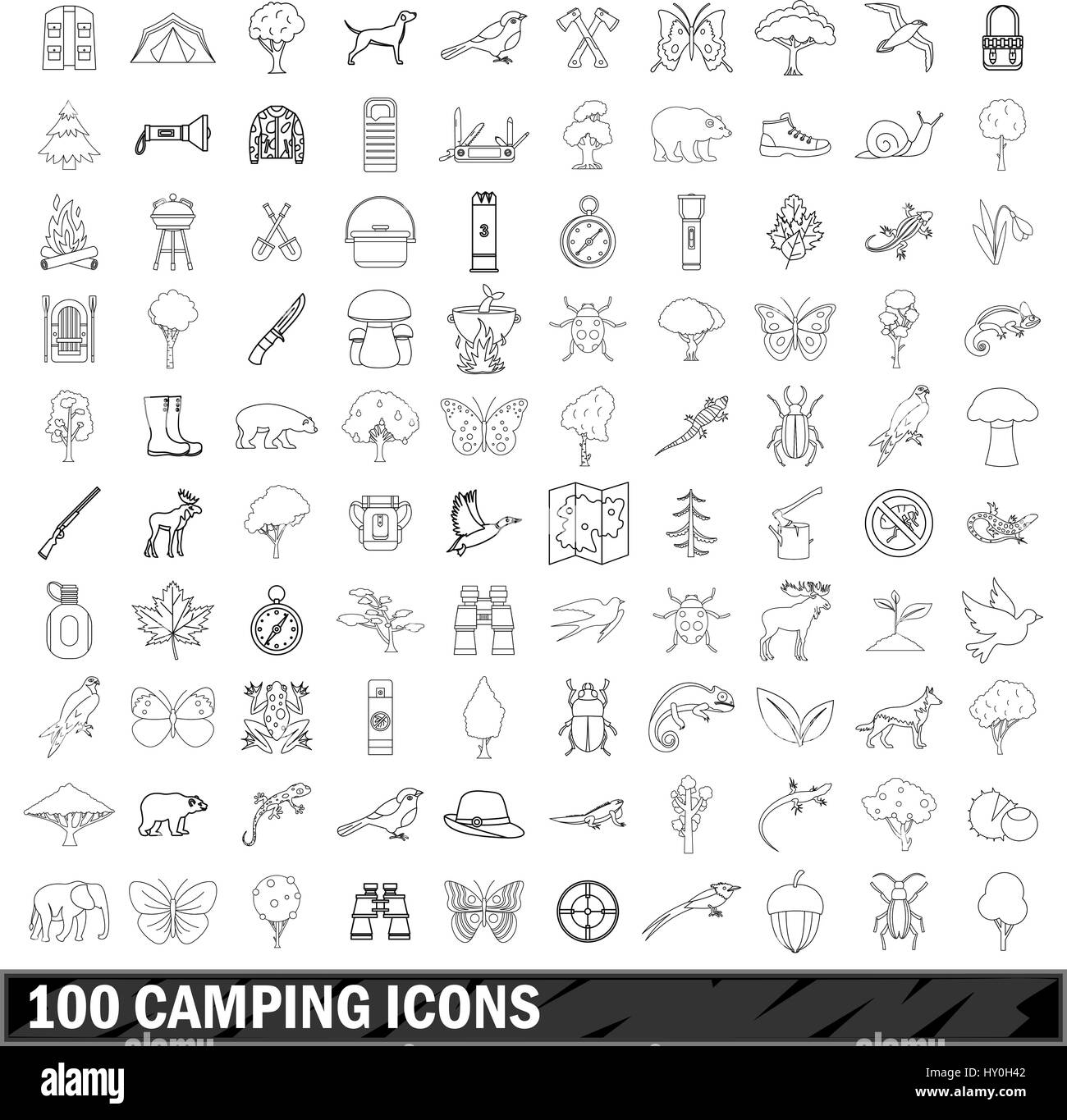 100 campeggio set di icone di stile di contorno Illustrazione Vettoriale