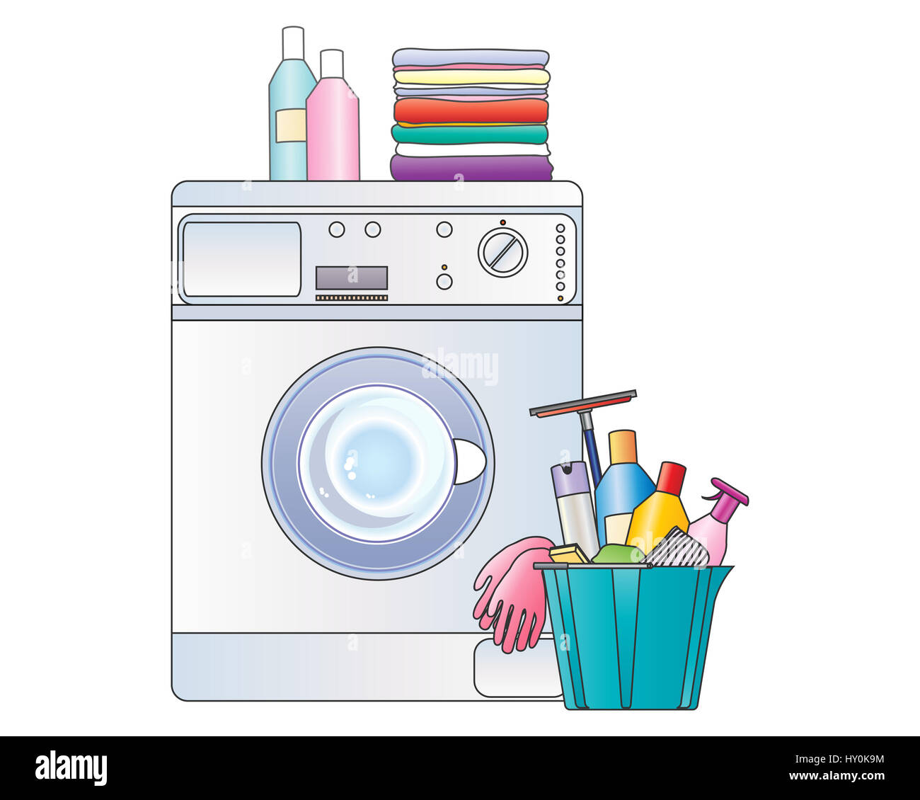 Una illustrazione di articoli per la casa tra cui lavatrice servizio lavanderia e pulizia di primavera la benna su sfondo bianco Foto Stock
