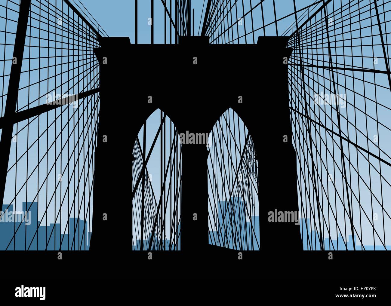 Silhouette del Ponte di Brooklyn a New York City, Stati Uniti d'America. Illustrazione Vettoriale