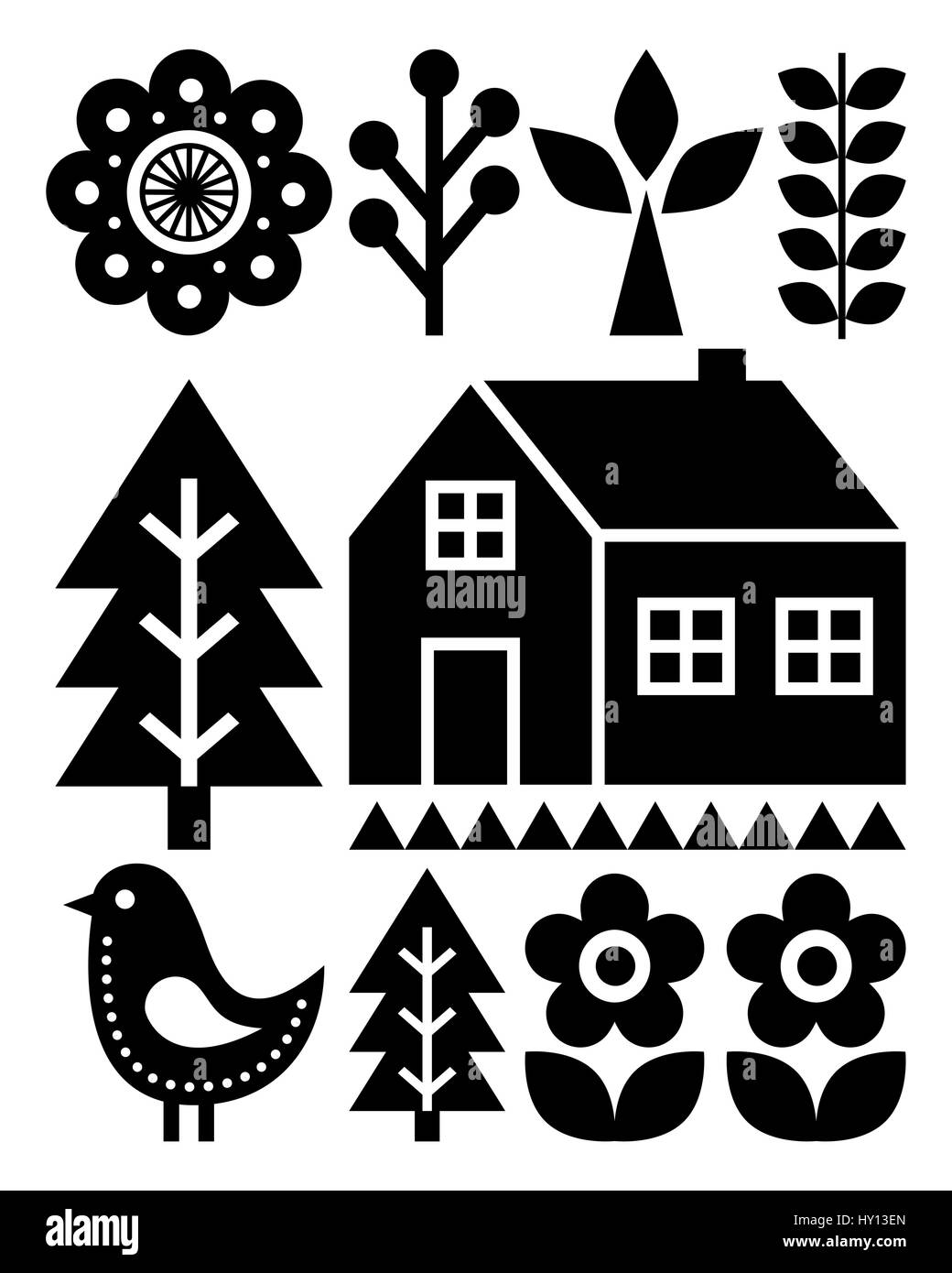 Il finlandese ha ispirato l'arte popolare del modello - scandinavo, stile nordico in nero Illustrazione Vettoriale