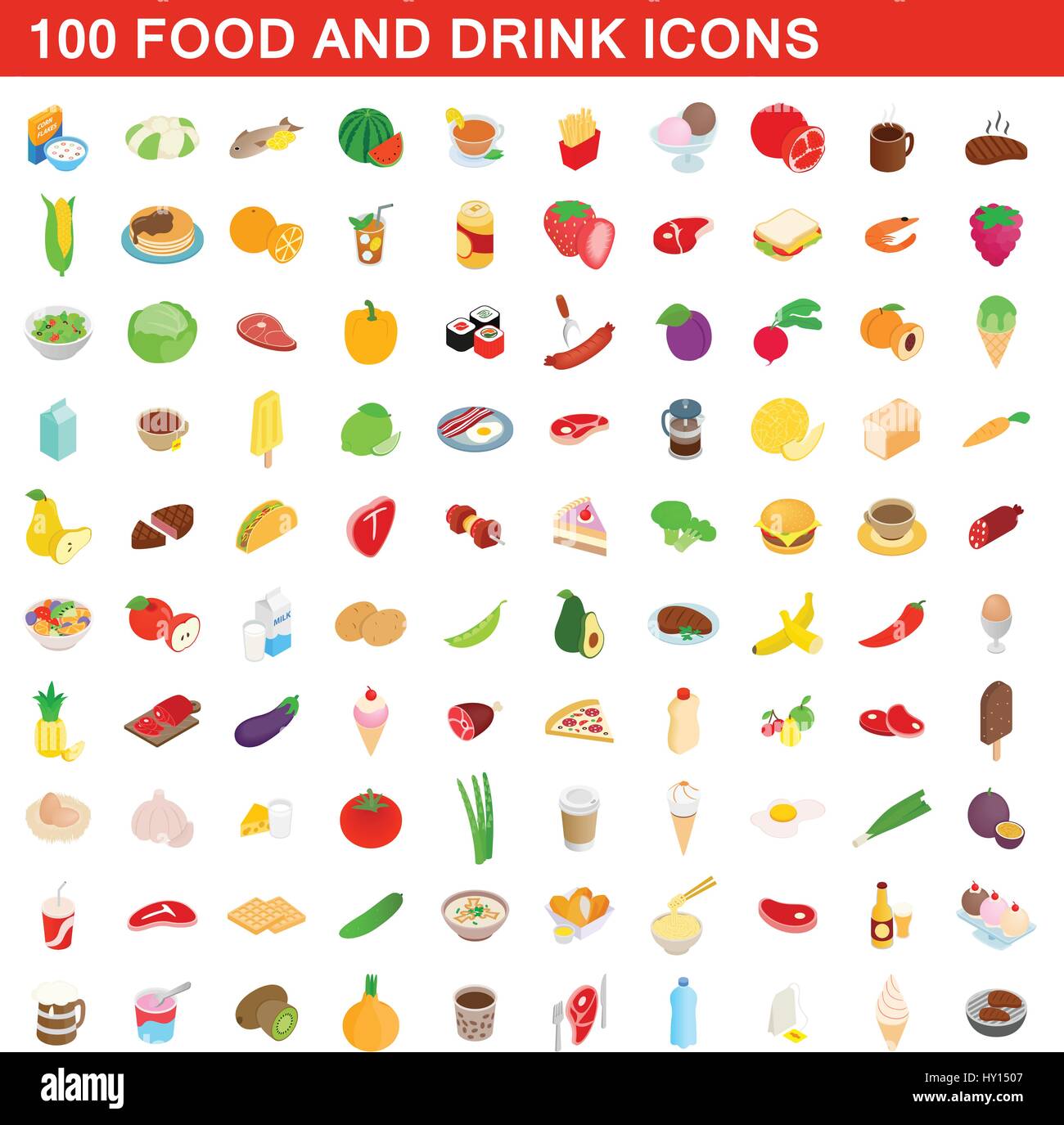 100 alimenti e bevande set di icone isometrica 3d style Illustrazione Vettoriale