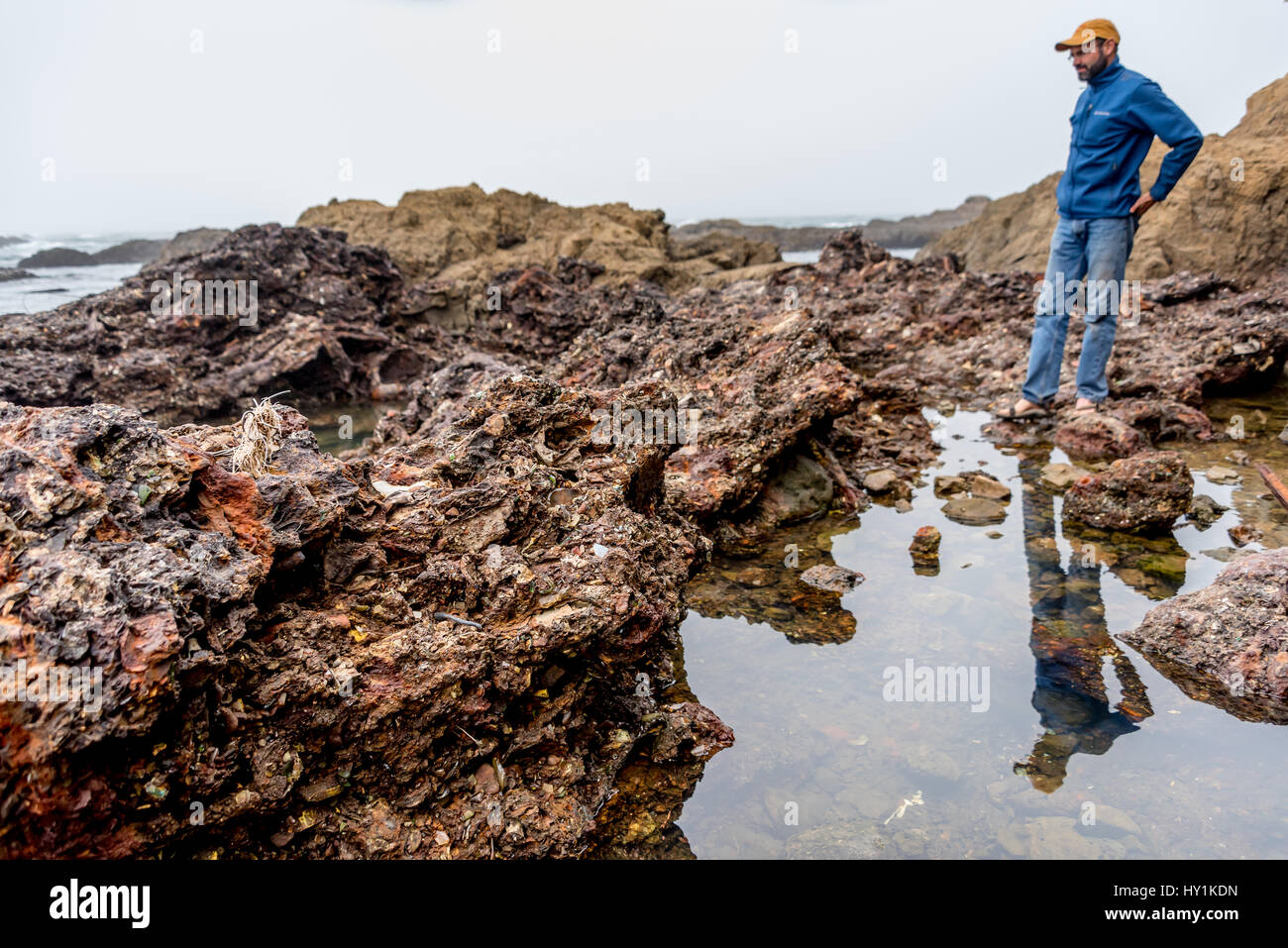 Un uomo contempla weathered rifiutare miscelati w/ rocce che circondano pozze di marea presso la spiaggia di vetro, MacKerricher State Park, Fort Bragg, un ex discarica di rifiuti Foto Stock