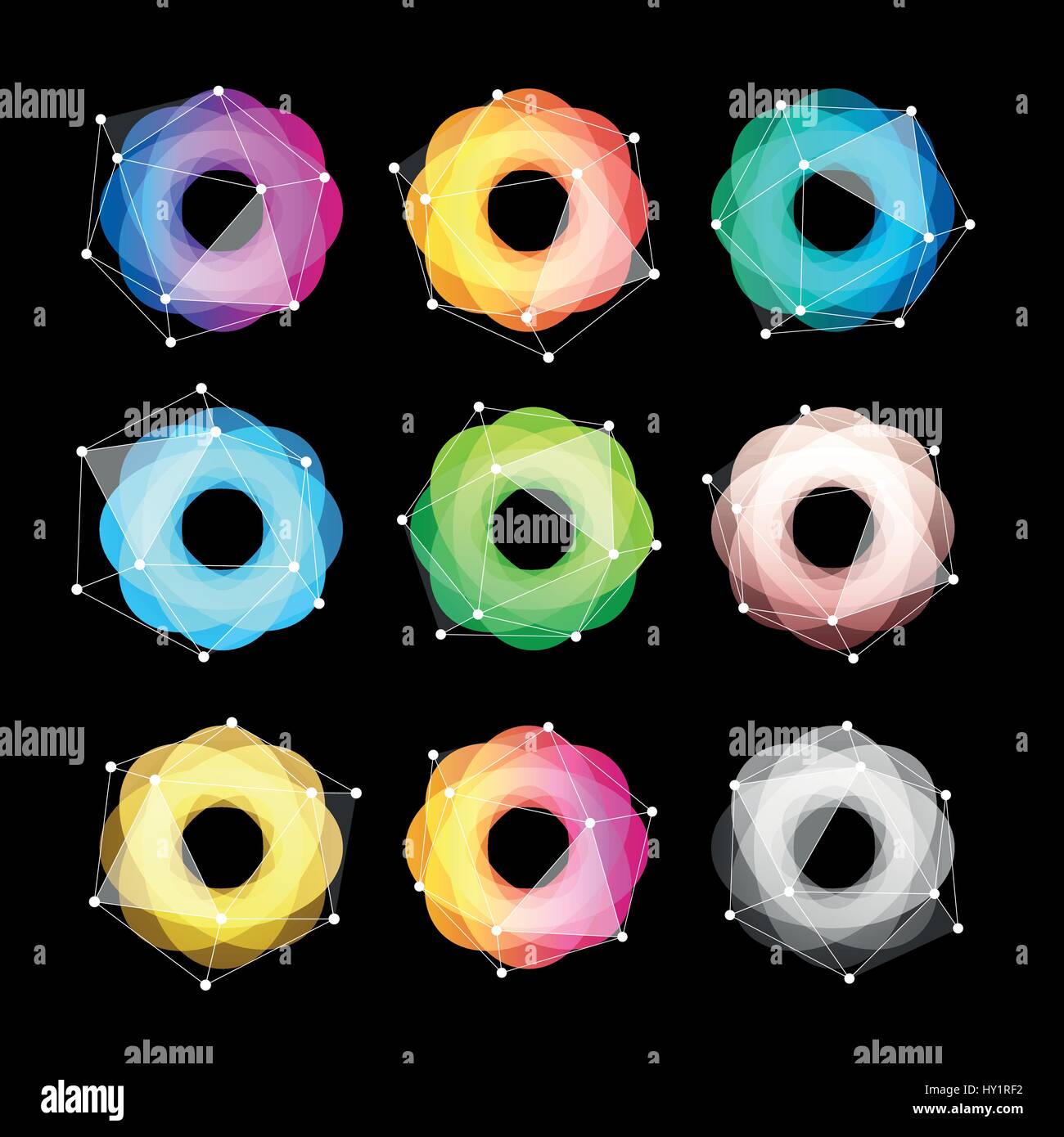 Abstract inusuali forme geometriche logo vettoriale set. Circolare, poligonale loghi colorati raccolta su sfondo nero. Illustrazione Vettoriale