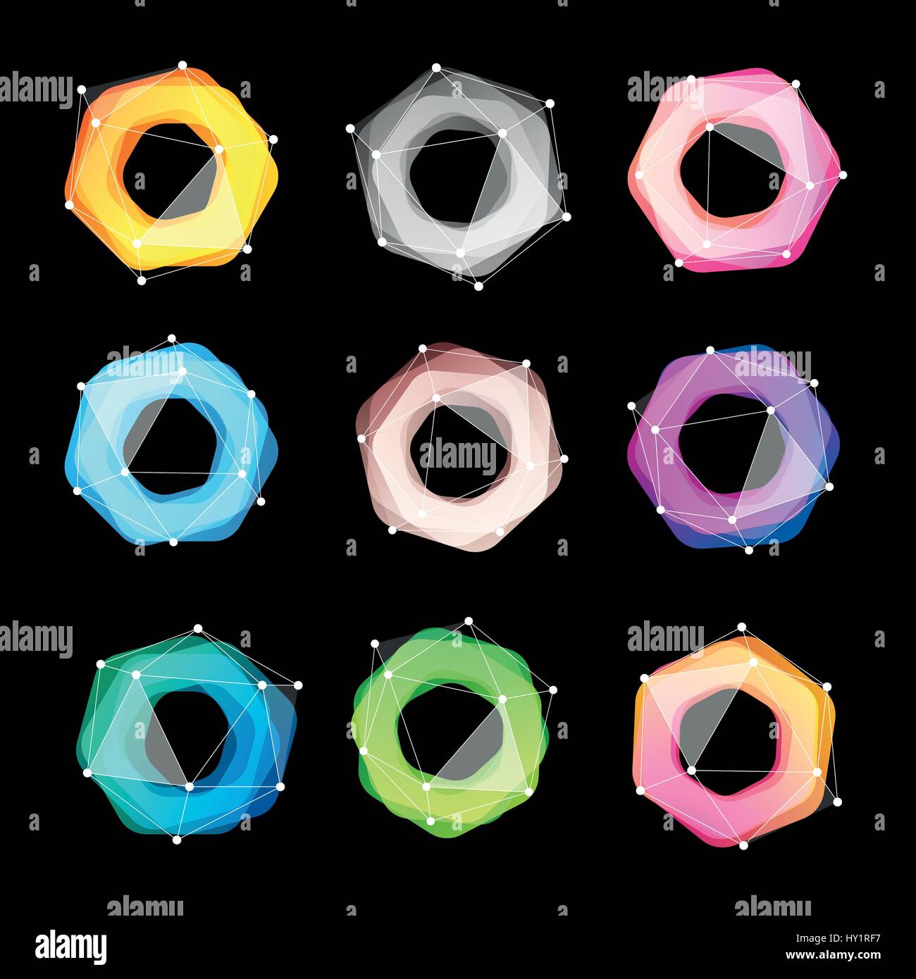 Abstract inusuali forme geometriche logo vettoriale set. Circolare, poligonale loghi colorati raccolta su sfondo nero. Illustrazione Vettoriale