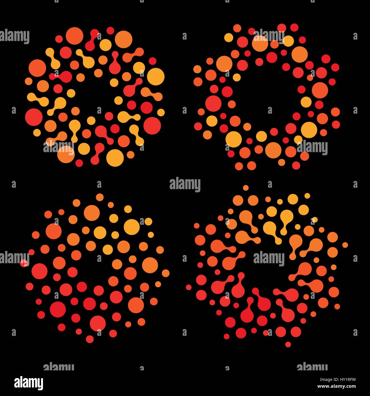 Abstract isolata forma tonda arancione e rosso logo a colori impostati, punteggiata sole stilizzato logotipo raccolta su sfondo nero illustrazione vettoriale Illustrazione Vettoriale