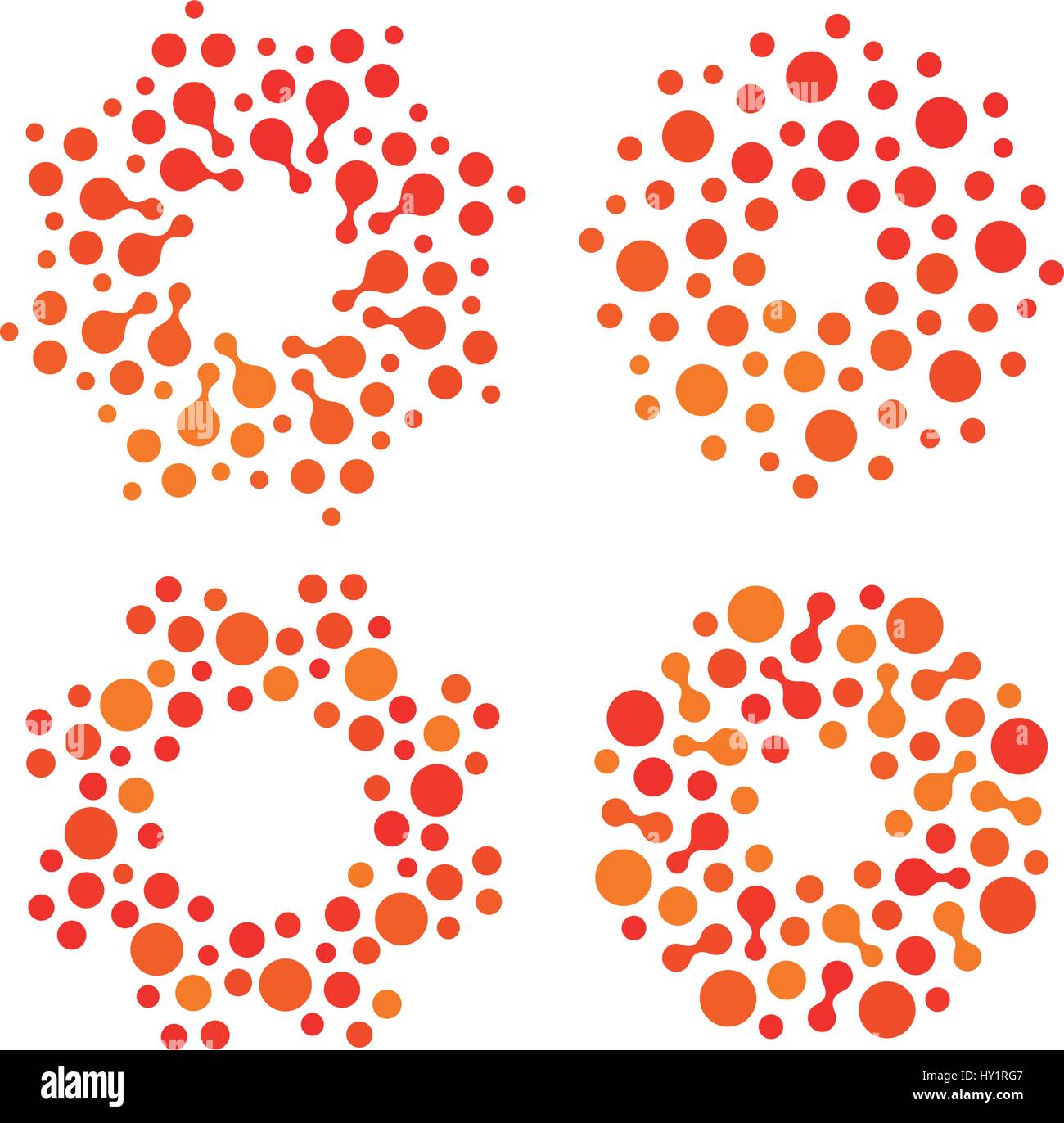Abstract isolata forma tonda arancione e rosso logo a colori impostati, punteggiata sole stilizzato logotipo raccolta su sfondo bianco illustrazione vettoriale Illustrazione Vettoriale