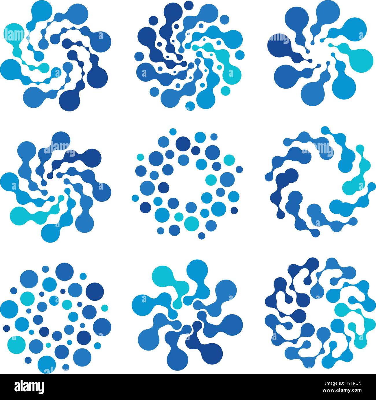 Abstract isolata forma tonda colore blu set logo, logotipo punteggiata raccolta, elemento acqua illustrazione vettoriale su sfondo bianco Illustrazione Vettoriale