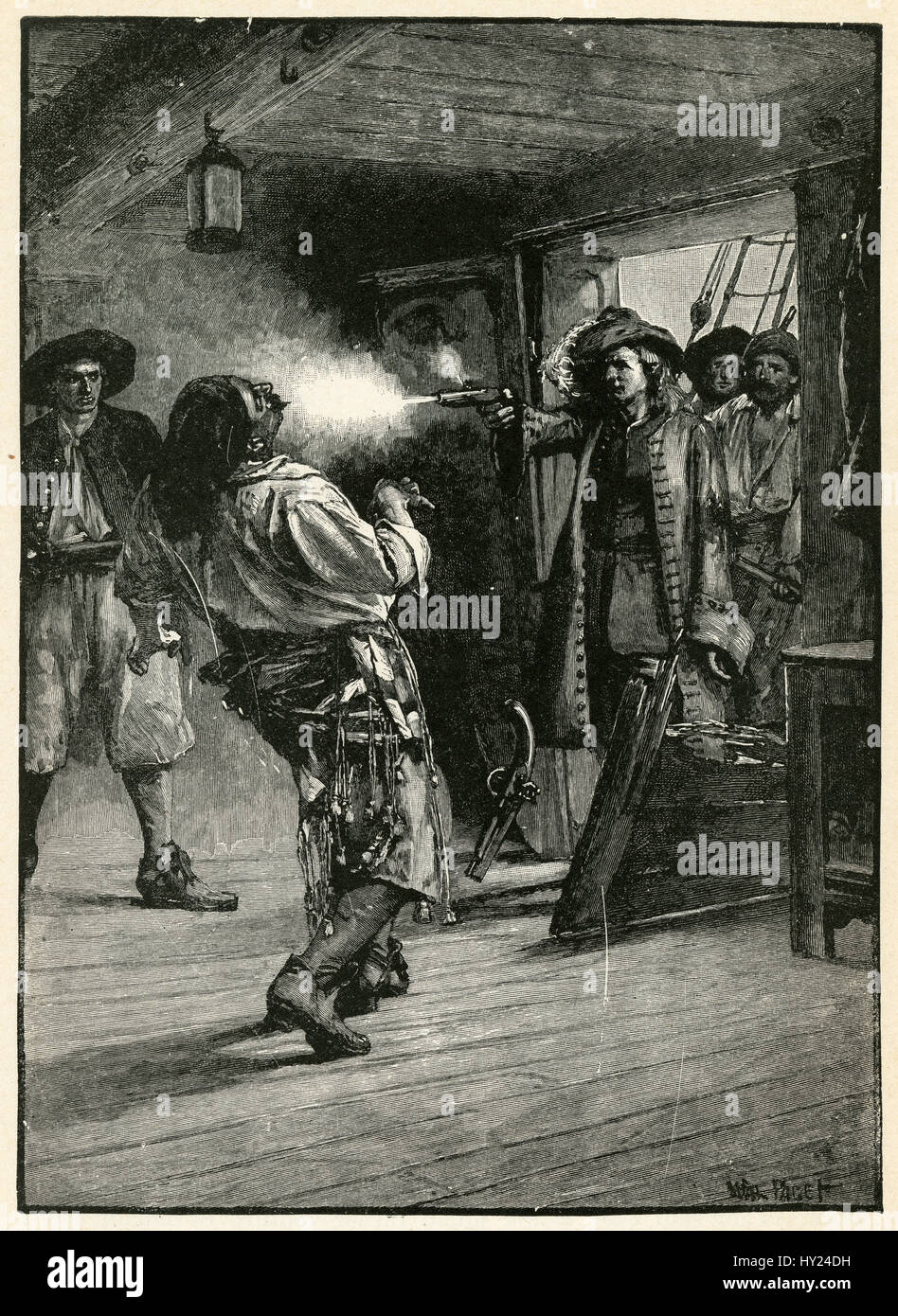 1910s incisione da Robinson Crusoe di Daniel Defoe: "i ribelli del capitano è stato sparato attraverso la testa.' illustrato da Walter Paget. Foto Stock