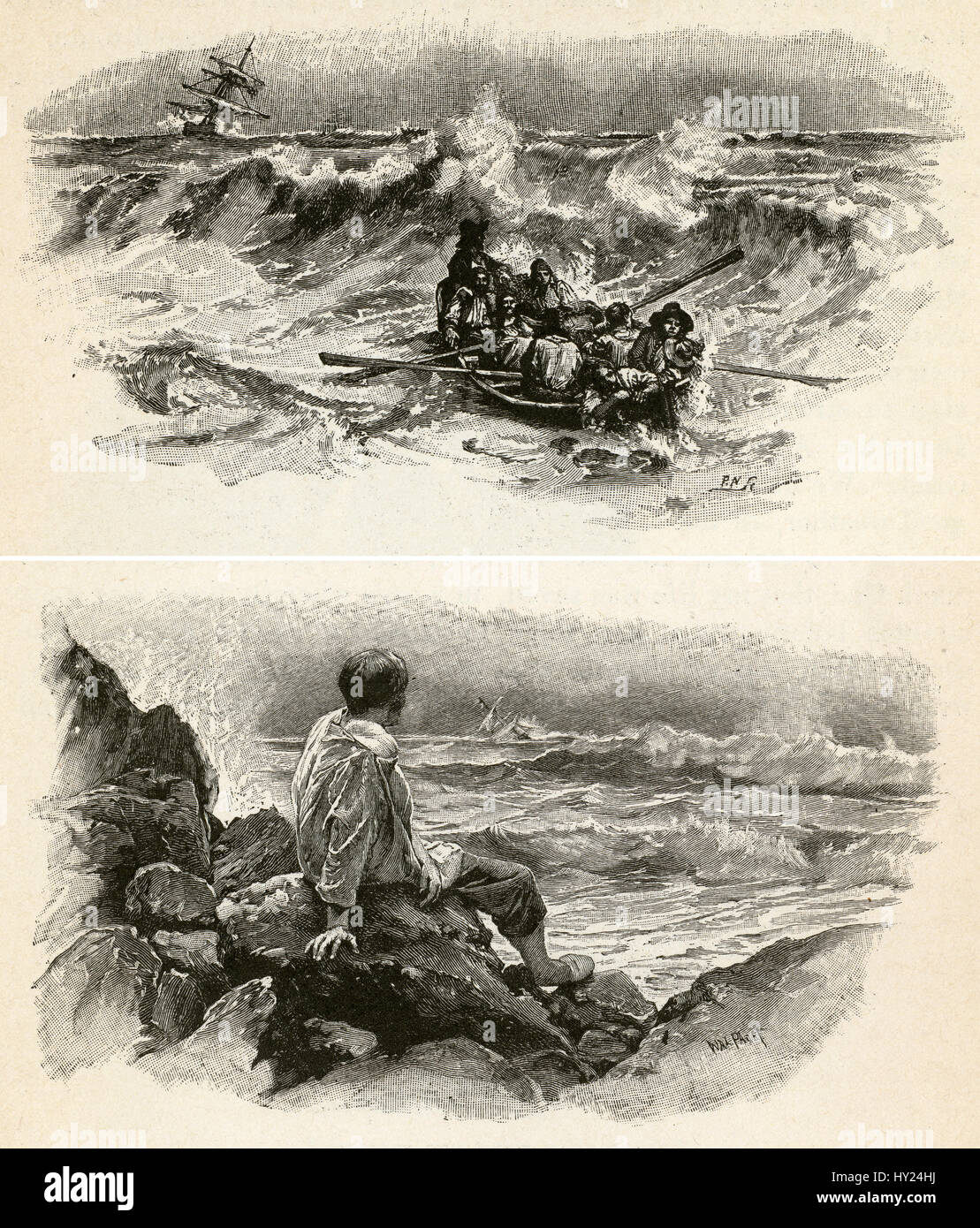 1910s incisione da Robinson Crusoe di Daniel Defoe: "Ci siamo impegnati a rispettare la misericordia di Dio e il mare selvaggio" (alto) e 'ora mi è stato atterrato" (fondo). Illustrato da Walter Paget. Foto Stock