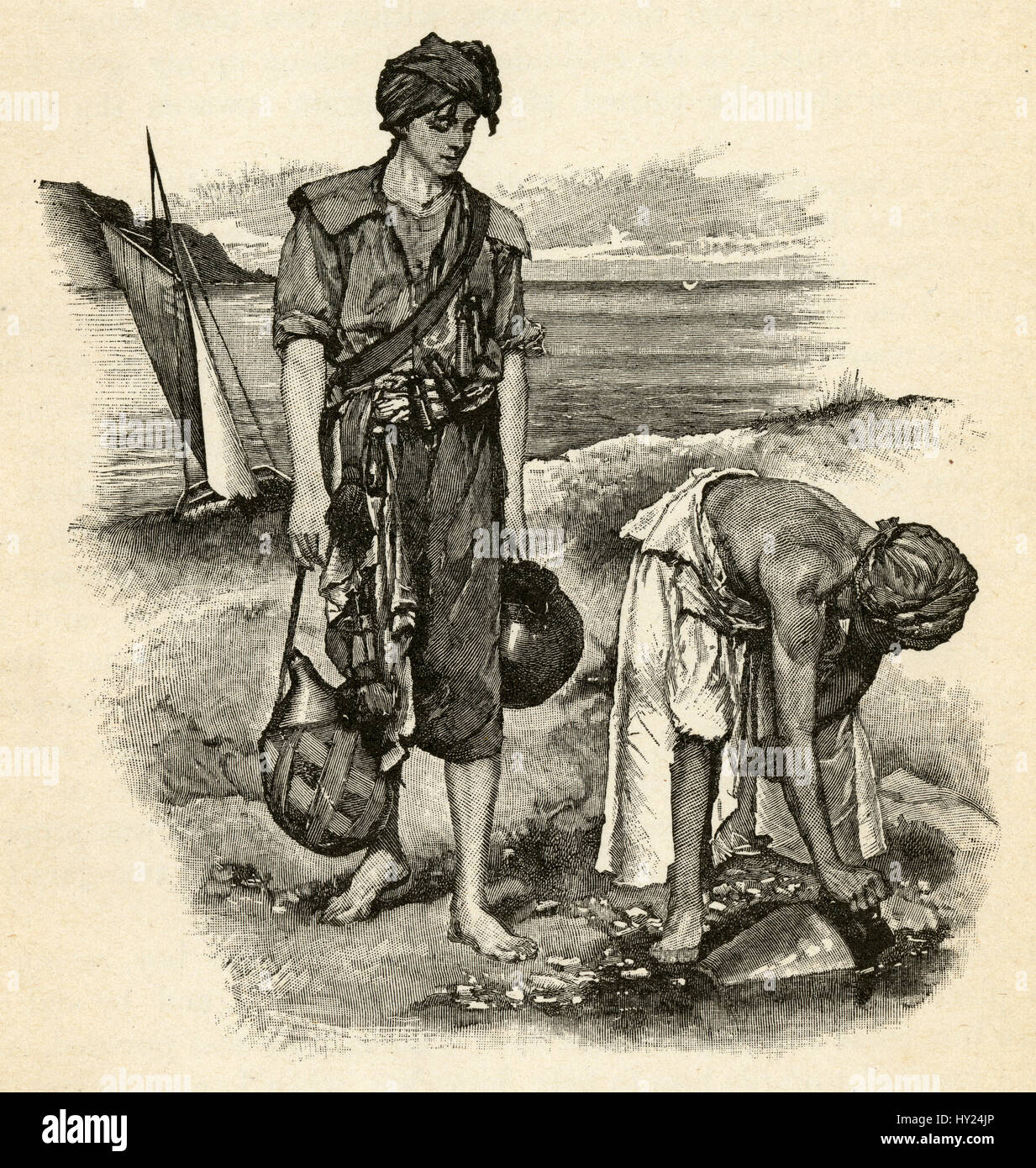 1910s incisione da Robinson Crusoe di Daniel Defoe: 'Abbiamo riempito i nostri vasetti.' illustrato da Walter Paget. Foto Stock