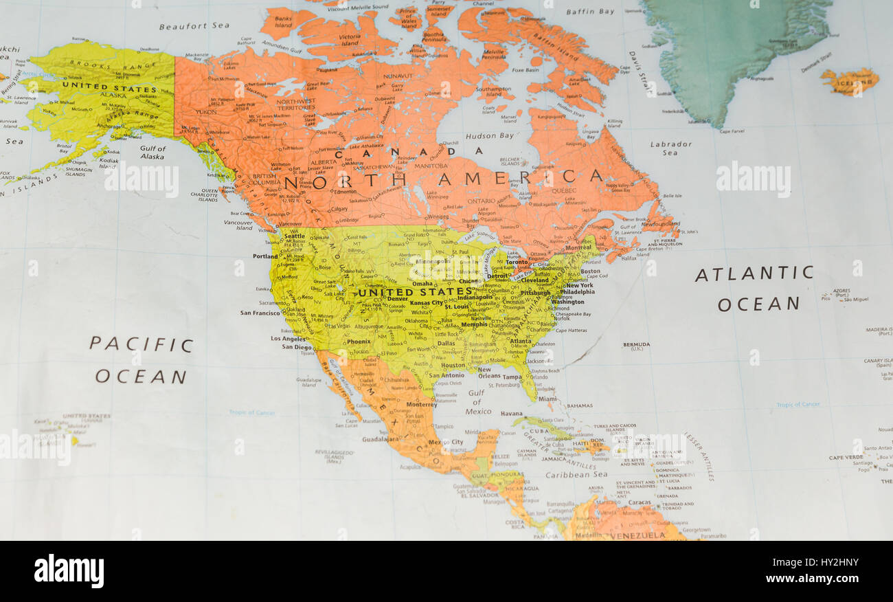 La mappa con il Nord America, Oceano Pacifico e Oceano Atlantico. Foto Stock