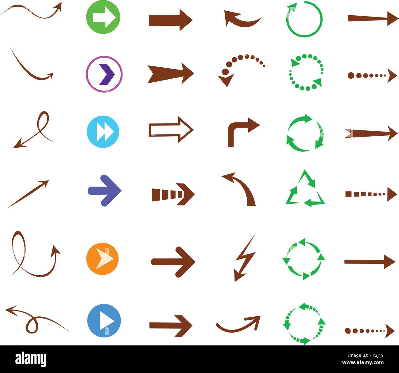 Le frecce colorate icon set, dritto, curva, cerchio, angolo, pulsante e disegnare su sfondo bianco Illustrazione Vettoriale