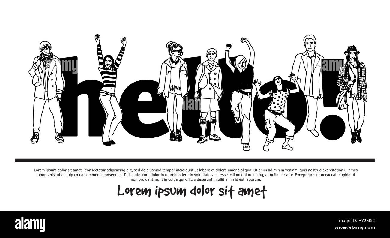 Ciao squadra gruppo persone isolare firmare in bianco e nero. Illustrazione Vettoriale