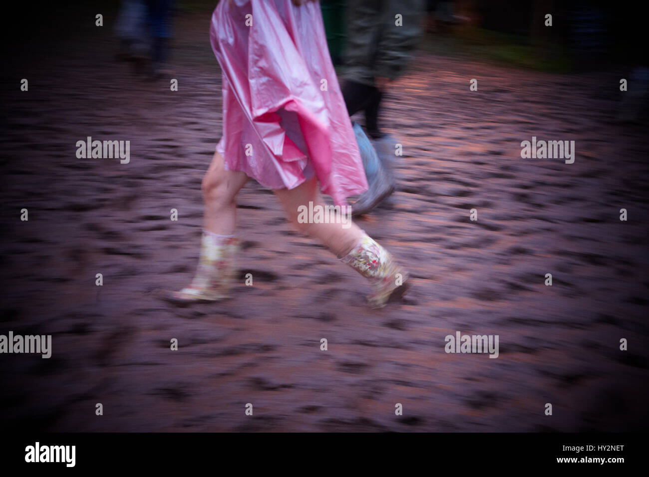 Donna che indossa un poncho rosa a piedi attraverso il fango all'uomo Grren Festival, Galles Foto Stock