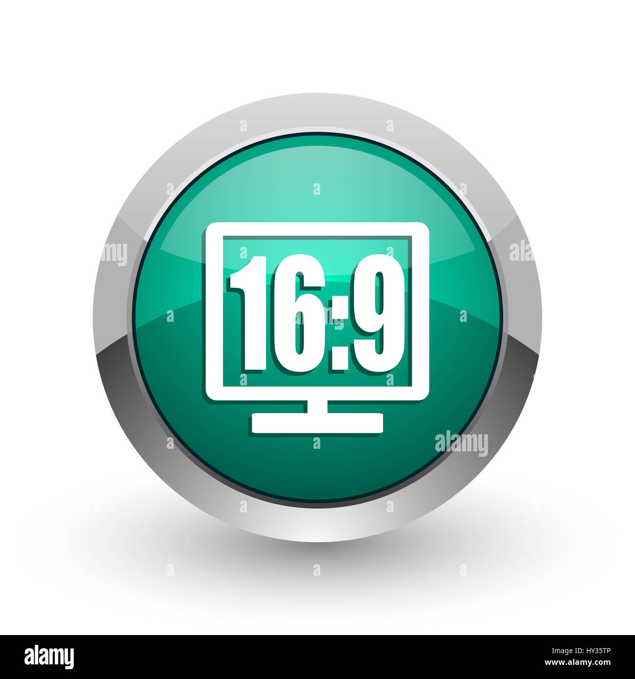 16 9 display d'argento metallizzato chrome web design rotondo verde icona internet con ombra su sfondo bianco. Foto Stock