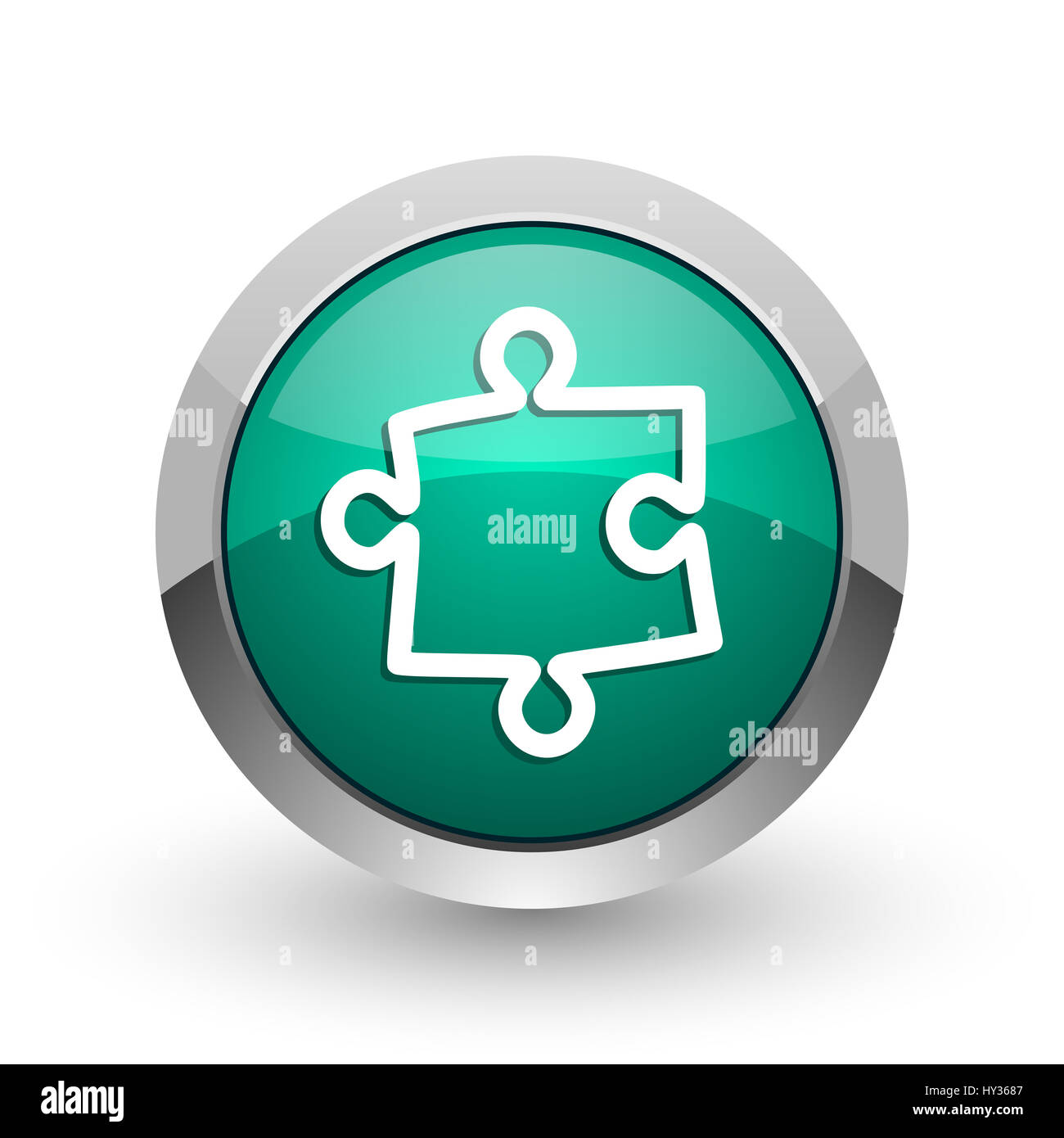 Puzzle d'argento metallizzato chrome web design rotondo verde icona internet con ombra su sfondo bianco. Foto Stock