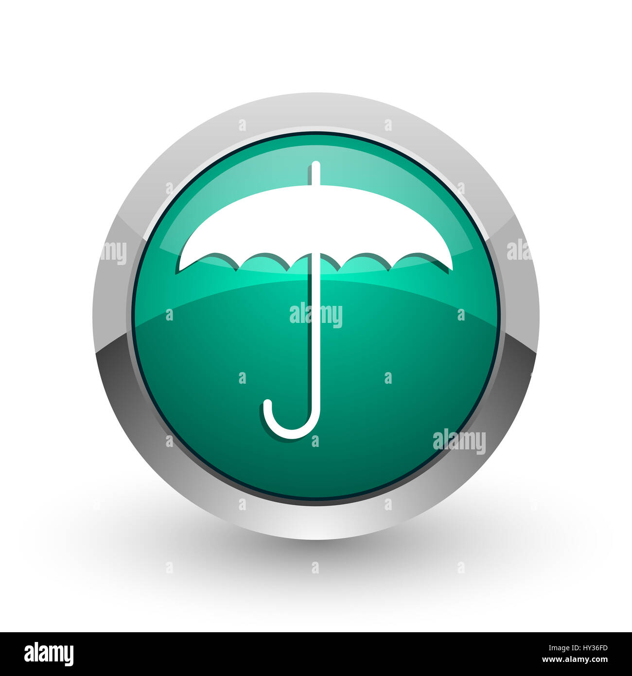 Ombrello d'argento metallizzato chrome web design rotondo verde icona internet con ombra su sfondo bianco. Foto Stock