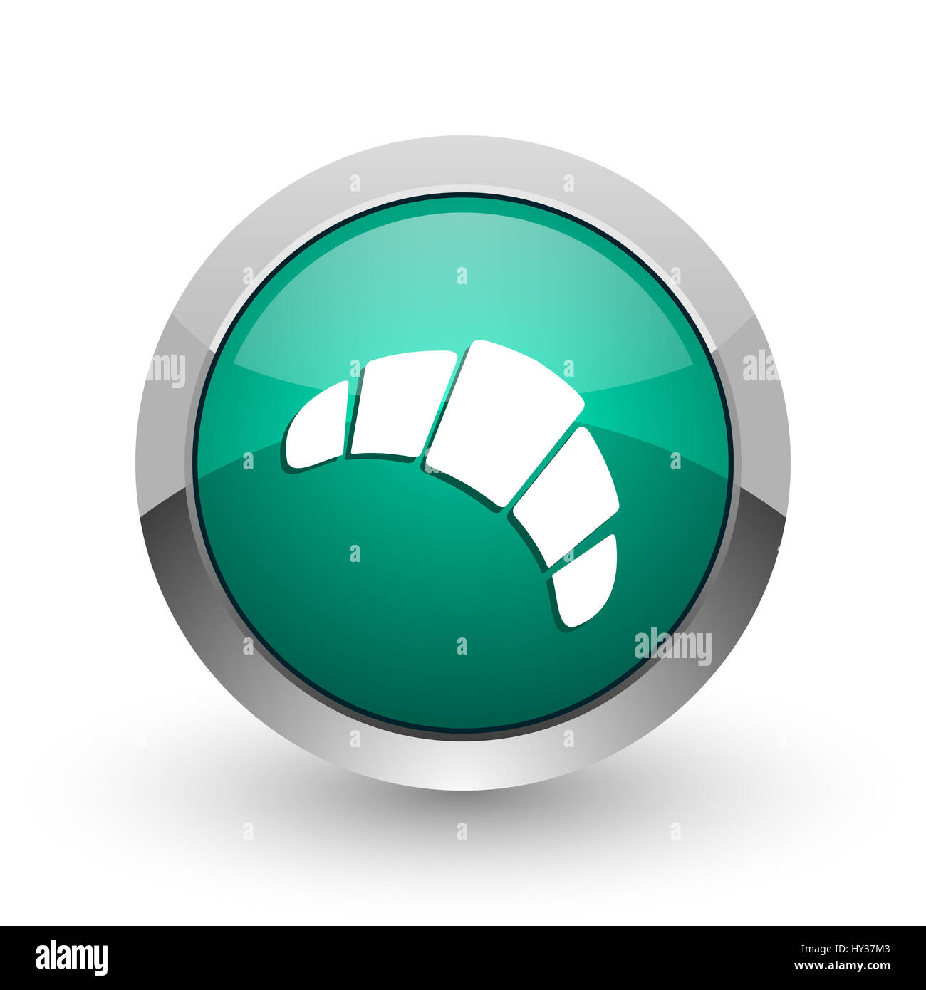 Croissant d'argento metallizzato chrome web design rotondo verde icona internet con ombra su sfondo bianco. Foto Stock