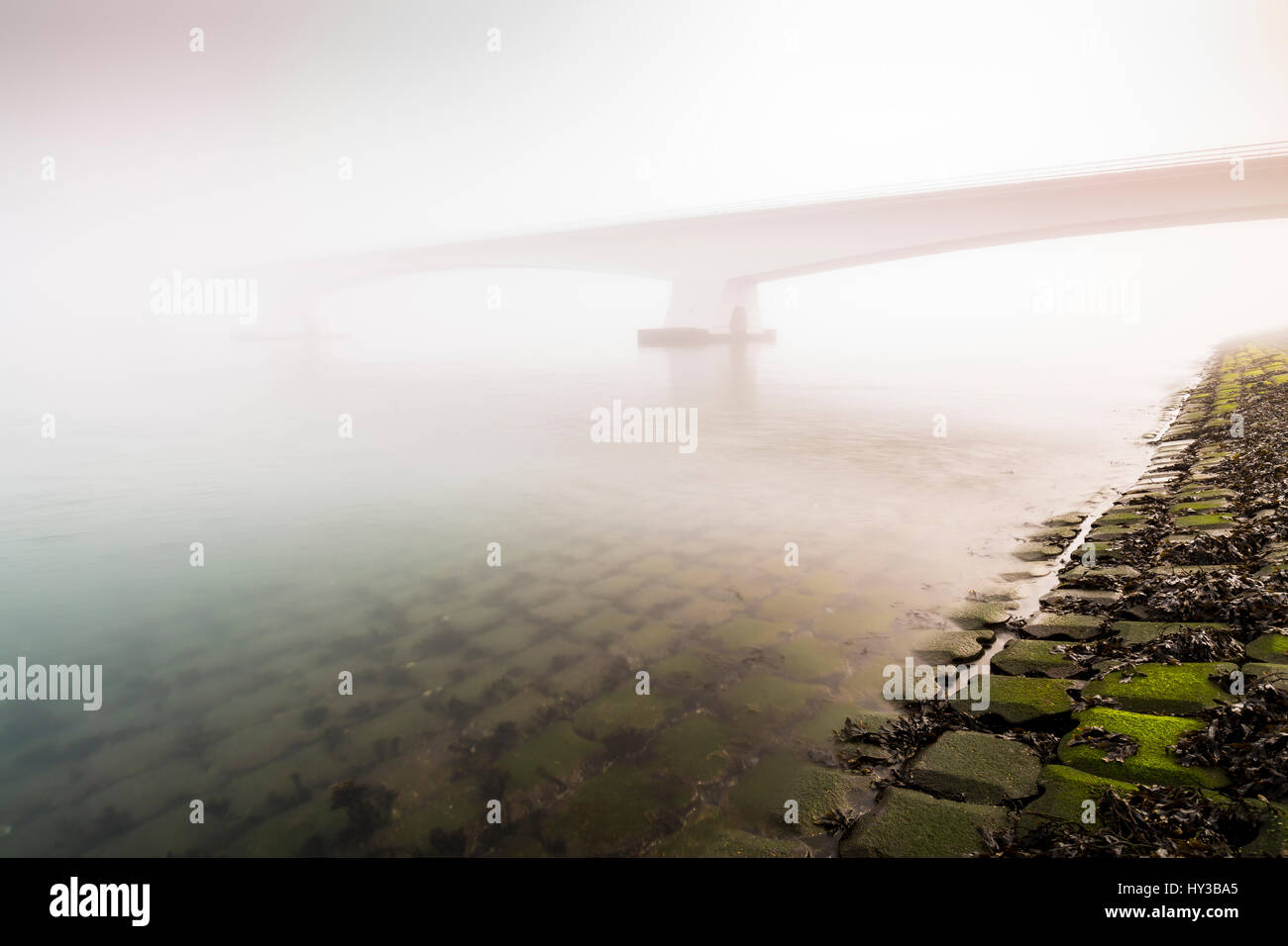 Zeeland ponte (Zeelandbrug) coperta di nebbia durante il sorgere del sole in inverno. Bassa visibilità rendendo il sole che splende attraverso la nebbia la Zeeland bridge è amore Foto Stock