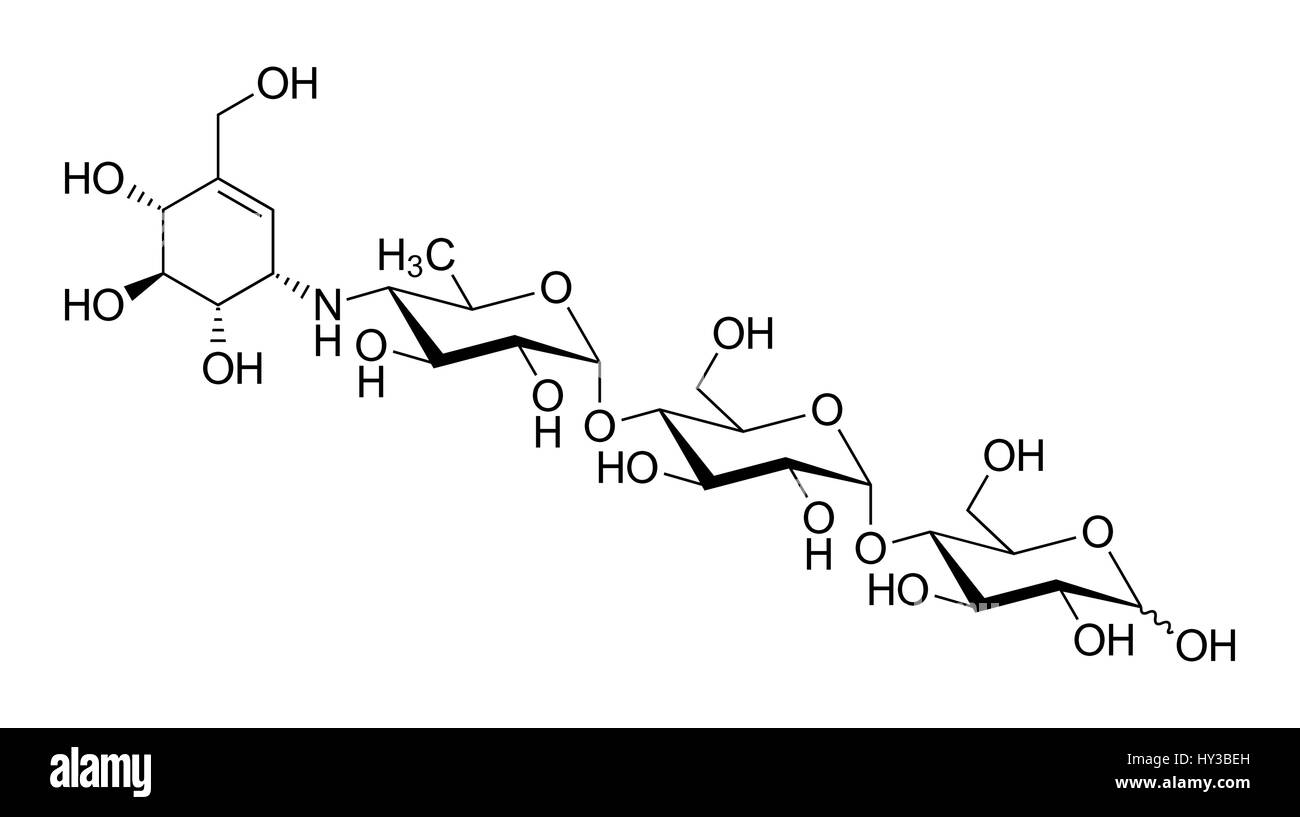 Acarbose diabete molecola di farmaco. I blocchi di digestione di carboidrato mediante inibizione di alfa-glucosidasi enzimi. Scheletro di formula (struttura chimica). Foto Stock