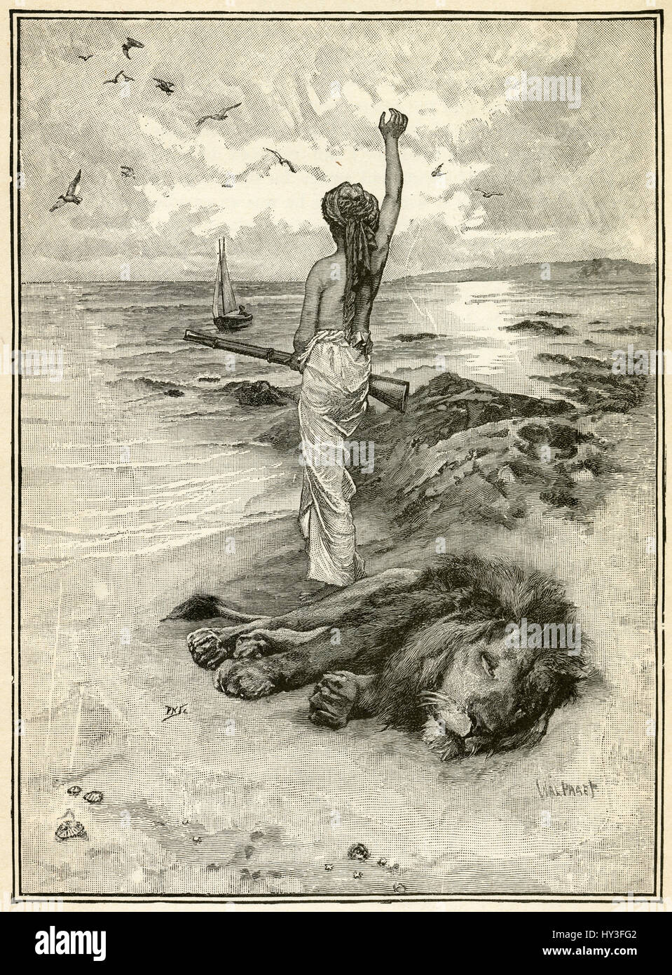 1910s incisione da Robinson Crusoe di Daniel Defoe di Xury e il leone morto: "Questo gioco è stato effettivamente.' illustrato da Walter Paget. Foto Stock