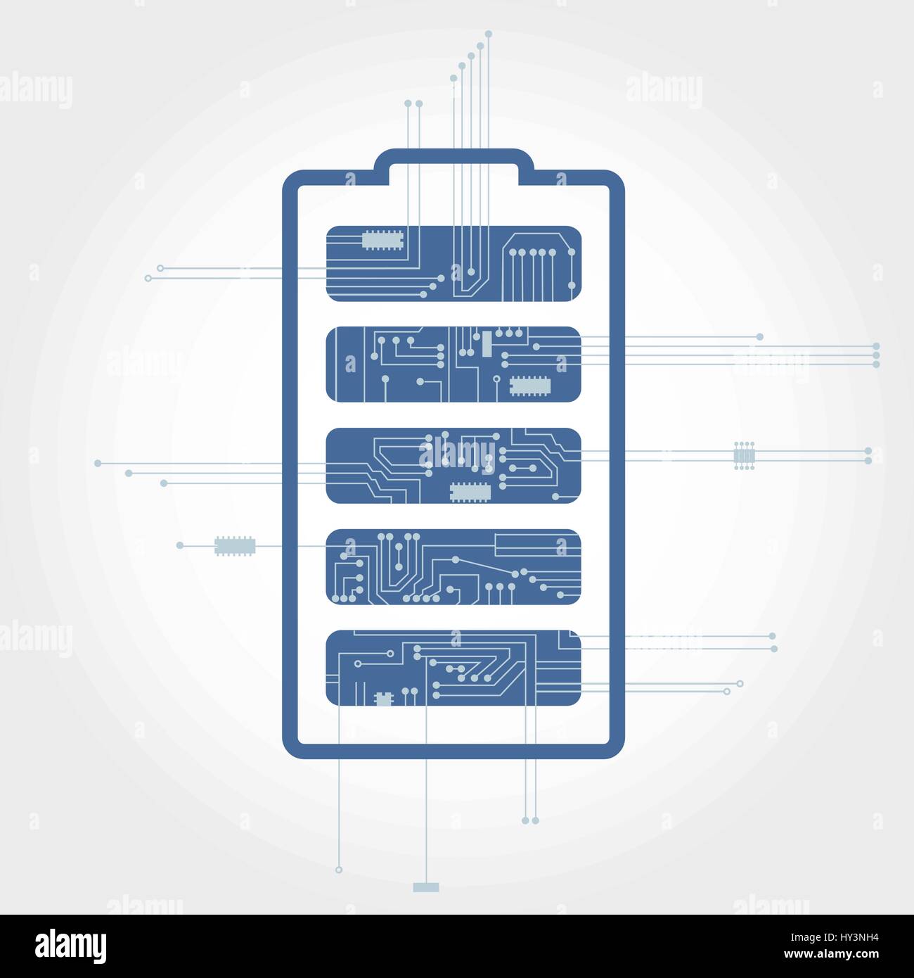 Circuito elettronico di ramificazione a partire da una batteria. Design pulito. Illustrazione Vettoriale