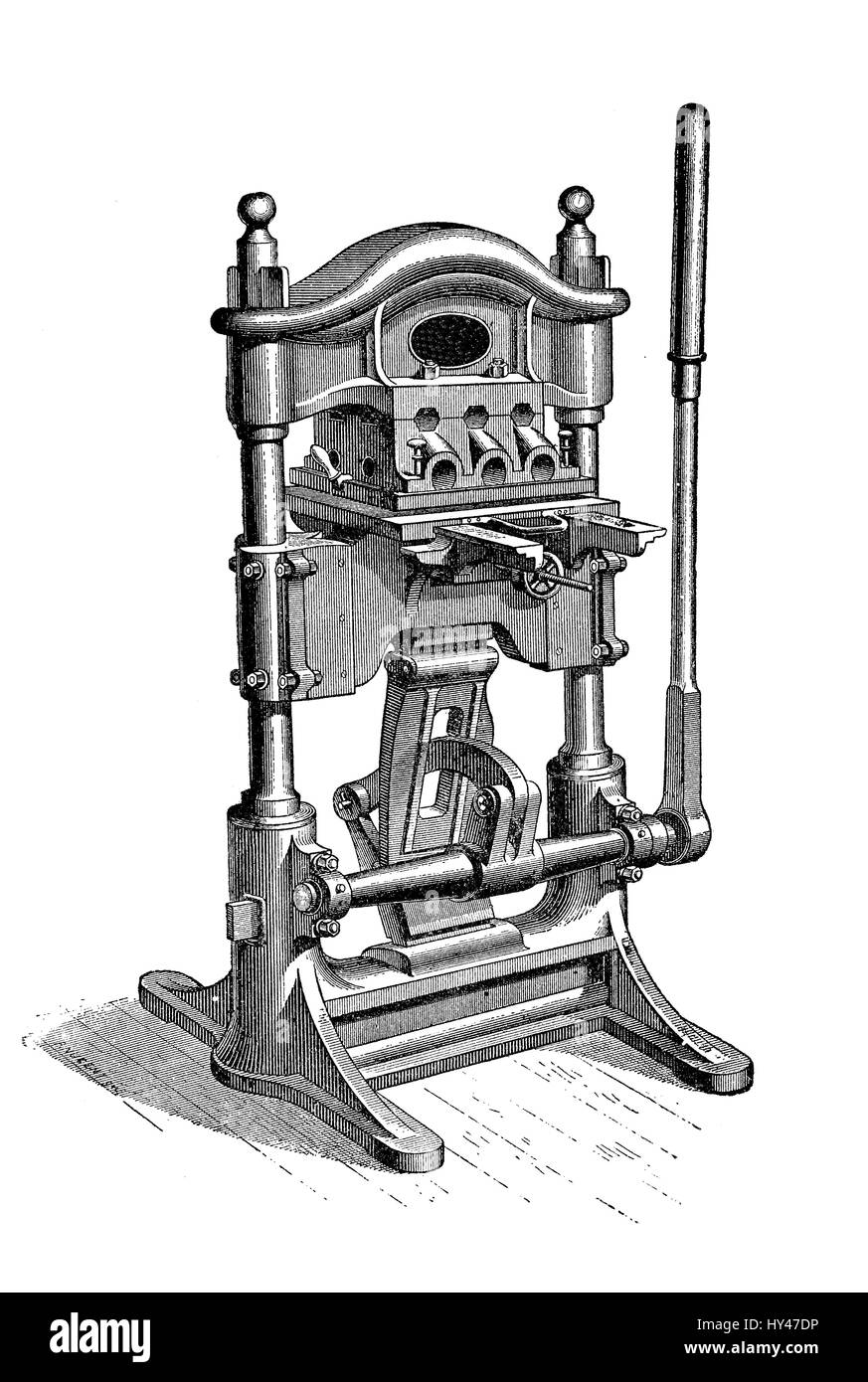 Doratura con la macchina per la stampa di produzione meccanica, il fissaggio di un rivestimento sottile di oro sulle superfici, XIX secolo illustrazione Foto Stock