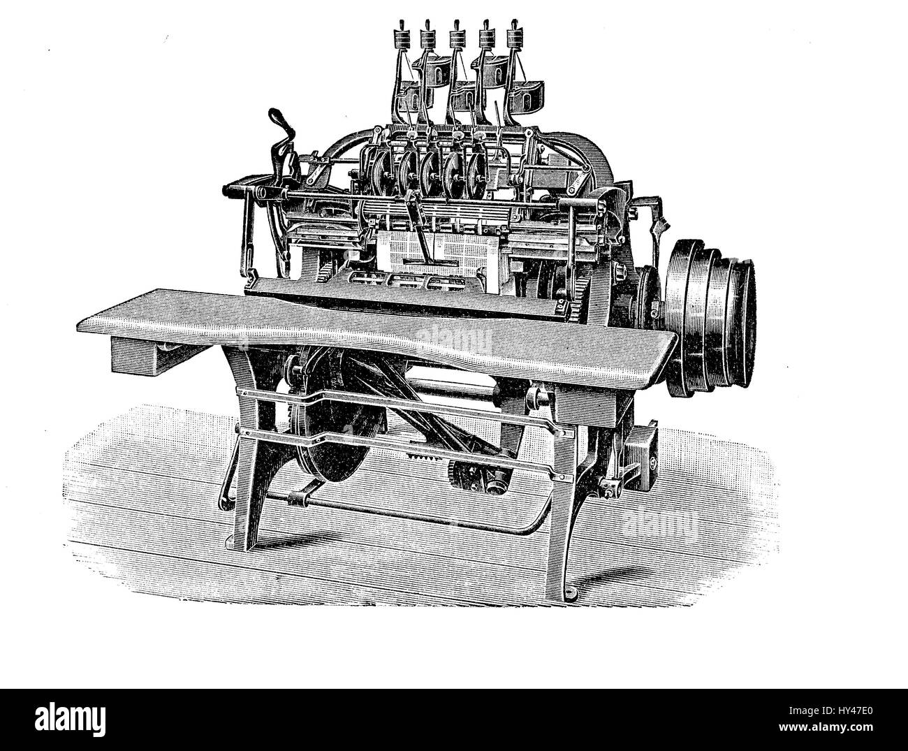 Filo di cucitura a macchina di assemblaggio un libro per la stampa di produzione, XIX secolo illustrazione Foto Stock