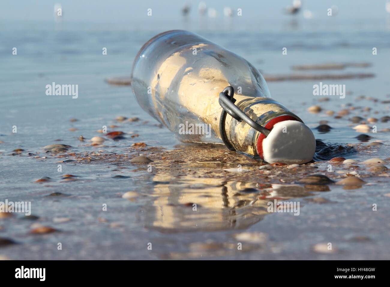 Un messaggio in bottiglia bloccati sulla spiaggia Foto Stock