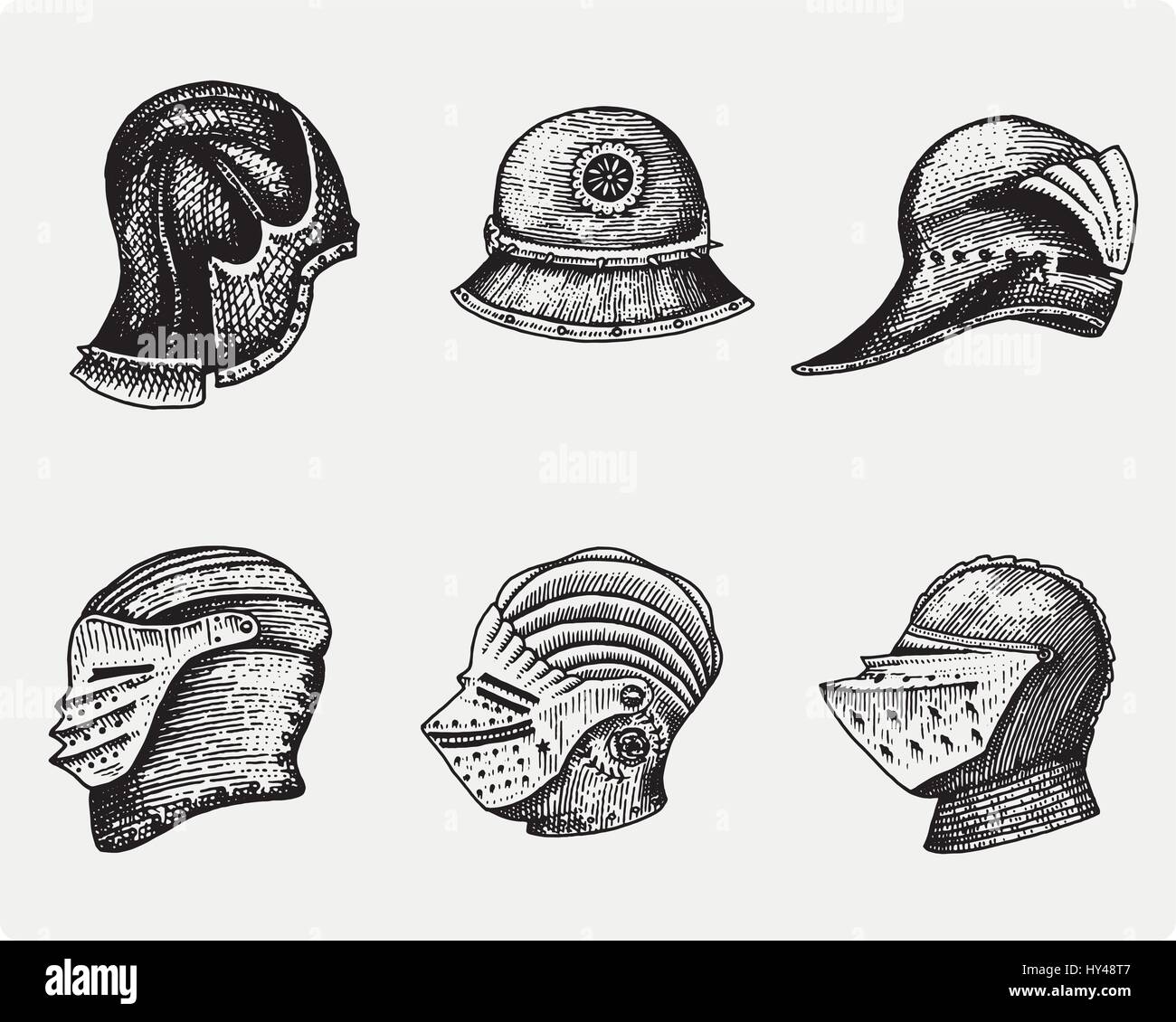 Set di simboli medioevali battaglia caschi per cavalieri o re, vintage, inciso disegnati a mano nel disegno o taglio di legno stile, vecchio cercando retrò romano. Illustrazione Vettoriale