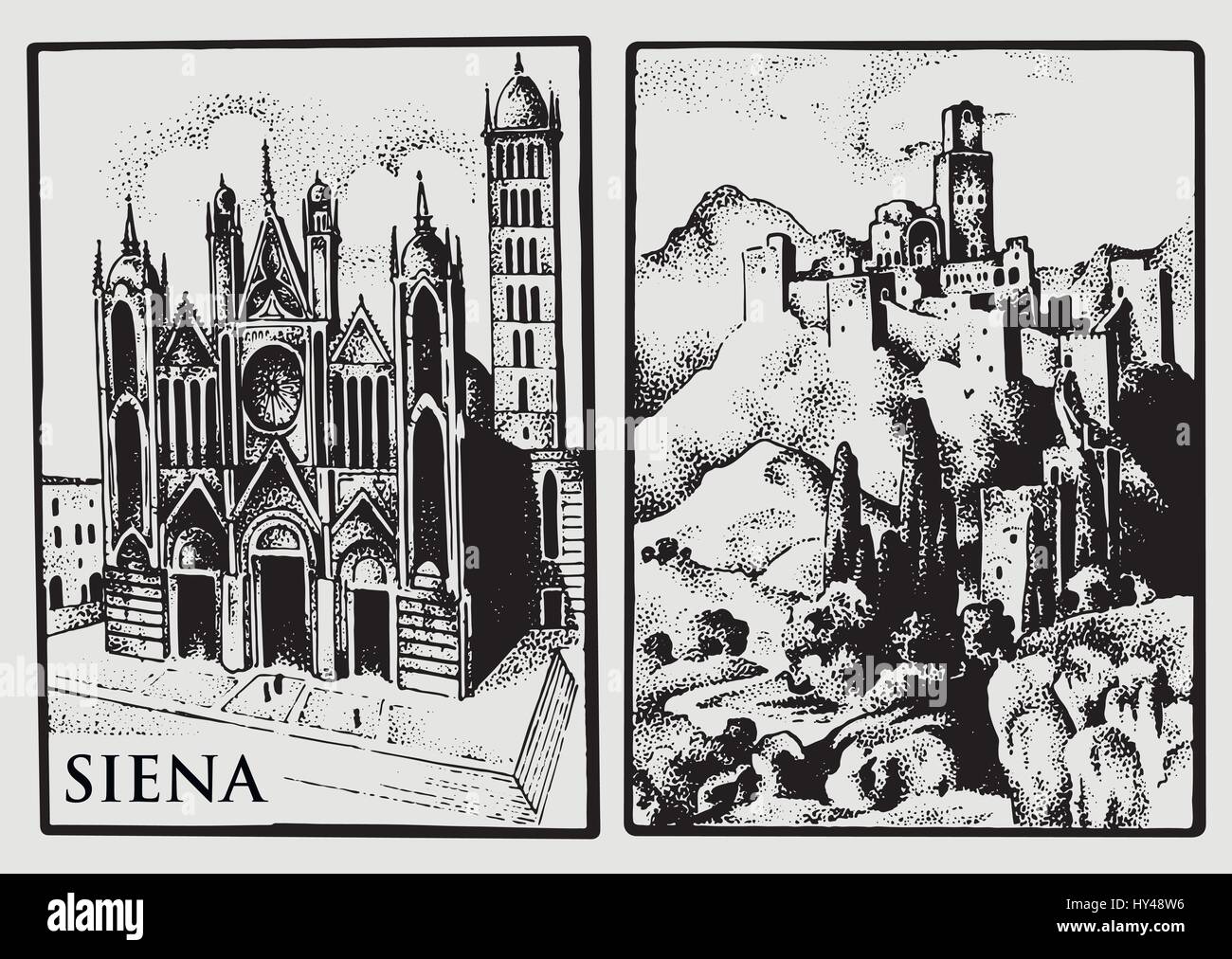 Due cartoline d'epoca con paesaggi della Toscana, Italia. Cattedrale di Siena e il castello di colle vintage lookiing inciso, disegnati a mano illustrazione, vecchio Illustrazione Vettoriale