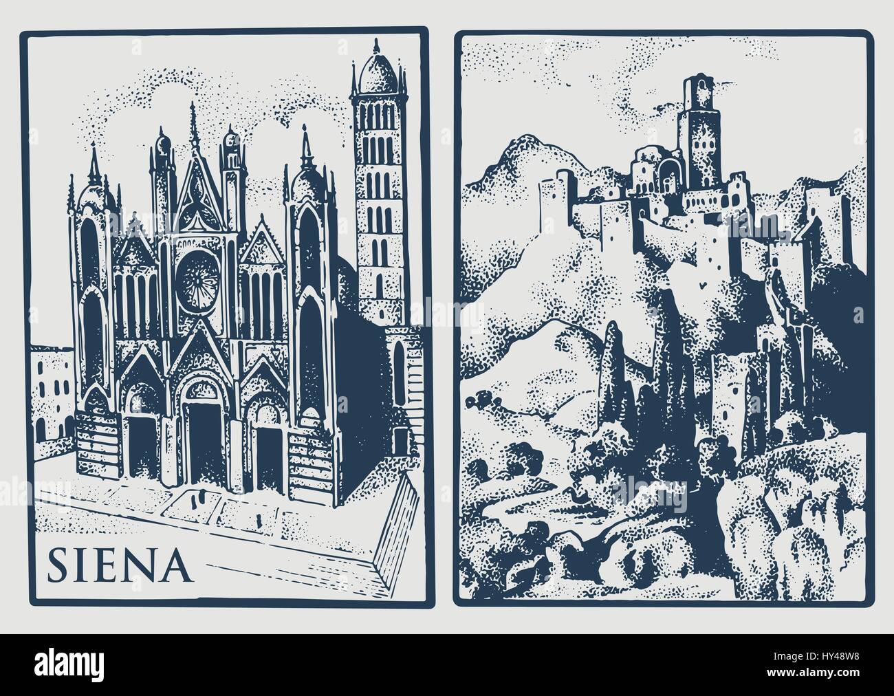 Due cartoline d'epoca con paesaggi della Toscana, Italia. Cattedrale di Siena e il castello di colle vintage lookiing inciso, disegnati a mano illustrazione, ol Illustrazione Vettoriale
