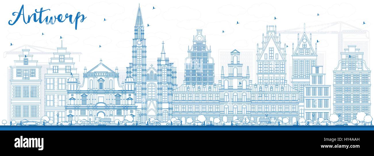 Profilo dello Skyline di Anversa con edifici blu. Illustrazione Vettoriale. Viaggi di affari e di turismo con il concetto di architettura storica. Illustrazione Vettoriale