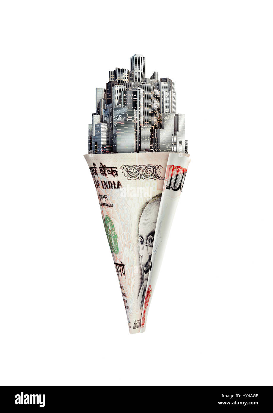 Cono di denaro rupees / 3D illustrazione della città cono gelato con migliaia di rupie nota Foto Stock