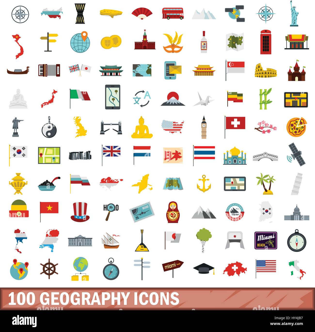 100 geografia set di icone di stile di Piana Illustrazione Vettoriale