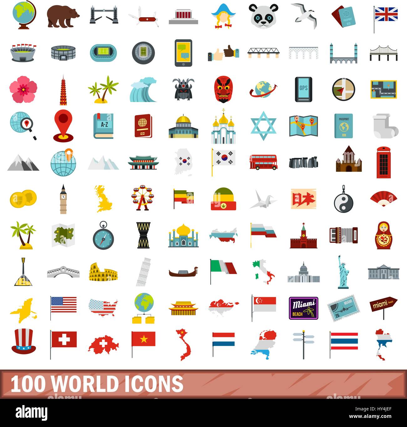 Mondo 100 set di icone di stile di Piana Illustrazione Vettoriale