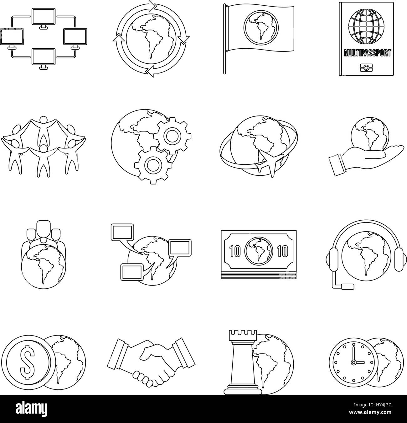 Connessioni globali set di icone di stile di contorno Illustrazione Vettoriale