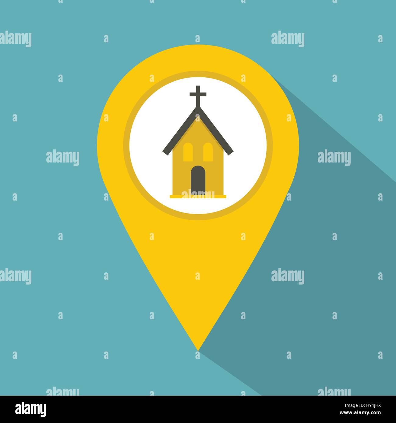 Giallo puntatore mappa con chiesa icona segno Illustrazione Vettoriale