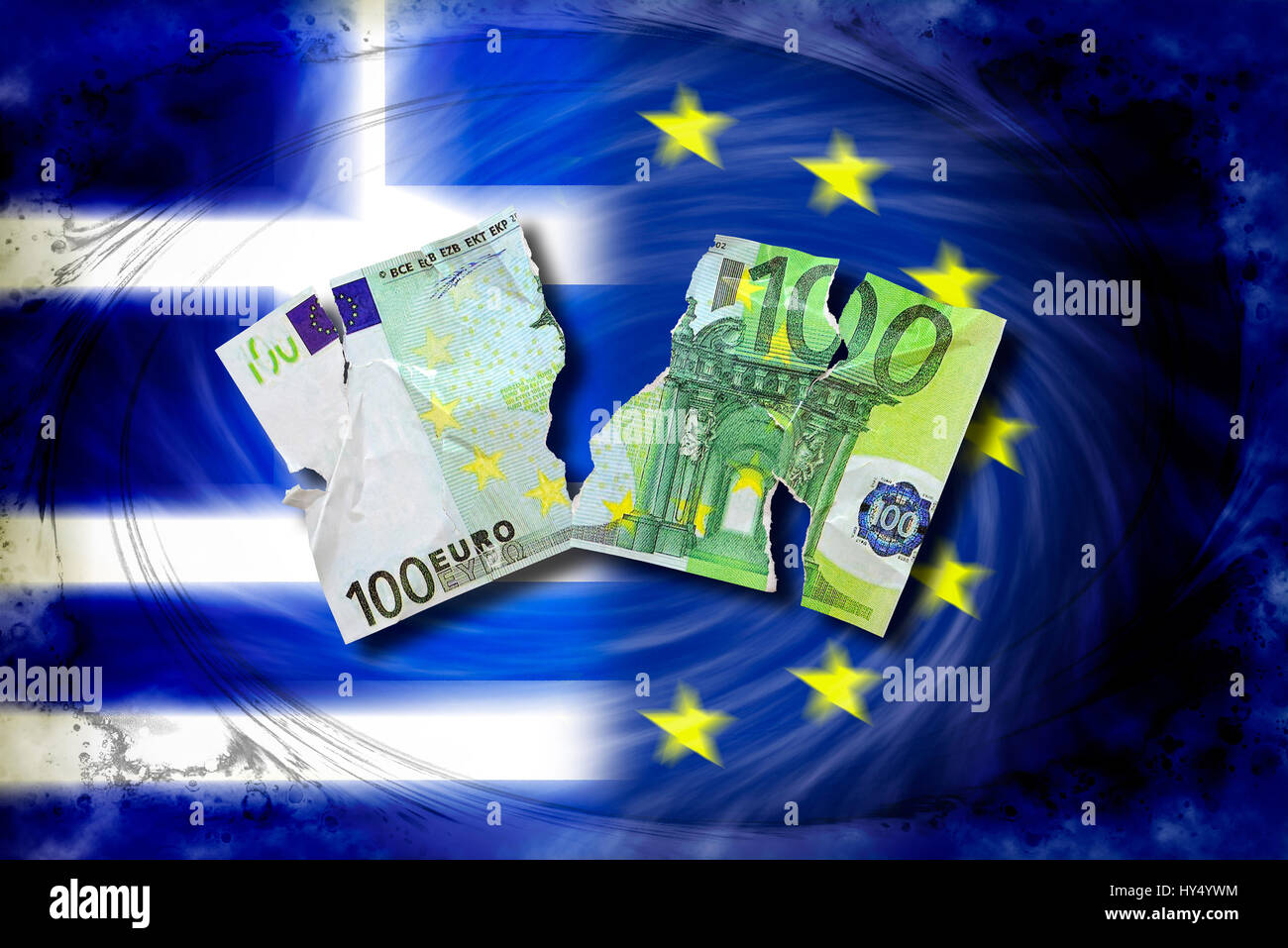 Strappata 100-euro-luce prima di Grecia e bandiera UE, simbolico Grexit foto, Zerrissener 100-Euro-Schein vor Griechenland- und UE-Fahne, Symbolfoto Grexit Foto Stock