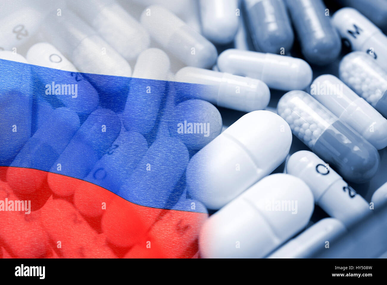 Compresse e bandiera della Russia, scandalo doping, Tabletten und Russland-Fahne, Doping-Skandal Foto Stock
