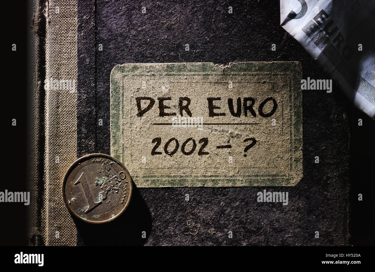 Vecchio libro con etichetta l'euro - nel 2002 - ?, eurocrisis, Altes Buch mit der Aufschrift Euro - 2002 - ?, Eurokrise Foto Stock
