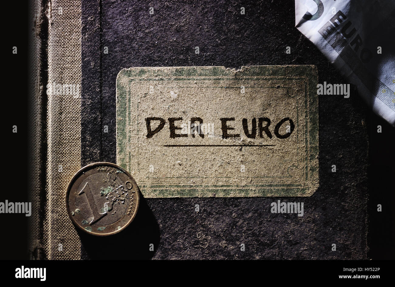 Vecchio libro con etichetta l'euro, eurocrisis, Altes Buch mit der Aufschrift Euro, Eurokrise Foto Stock