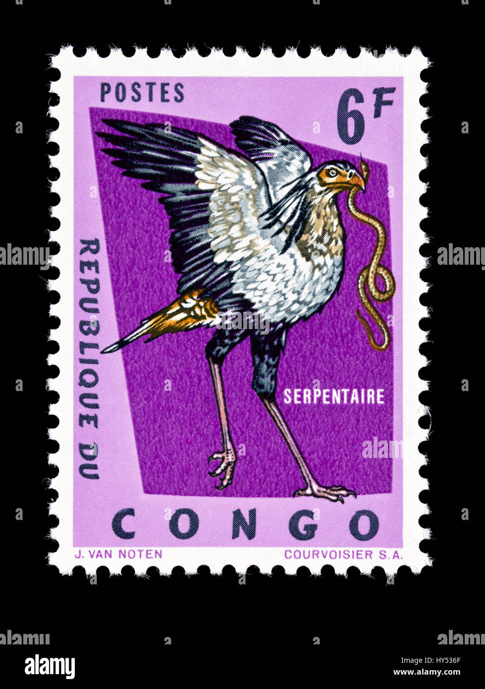 Francobollo dalla Repubblica Democratica del Congo raffigurante un segretario bird (Sagittarius serpentarius) Foto Stock