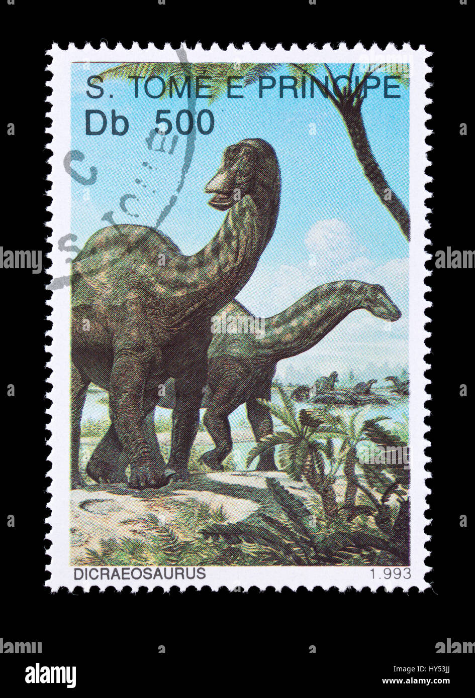 Francobollo da san Tommaso e Principe Isole raffigurante un dicraeosaurus Foto Stock