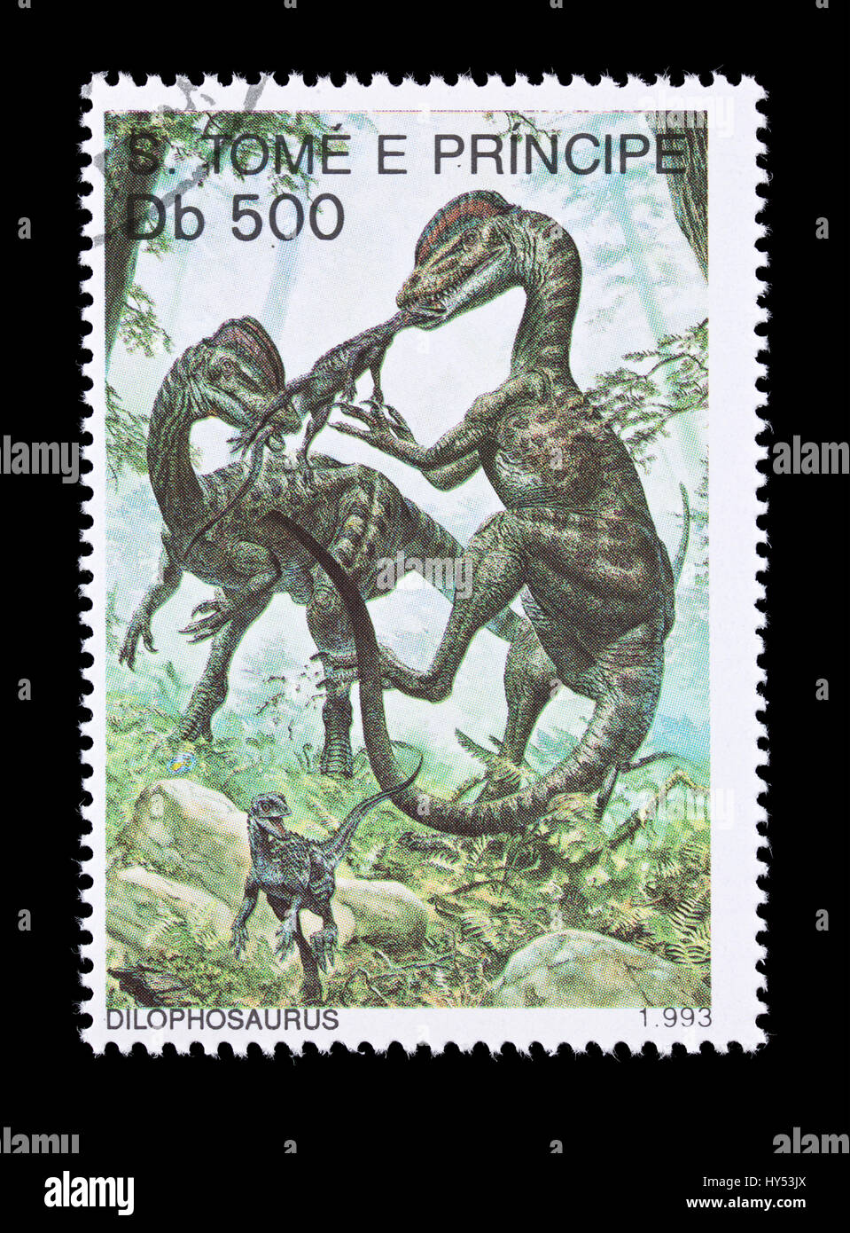 Francobollo da san Tommaso e Principe Isole raffigurante un dilophosaurus Foto Stock