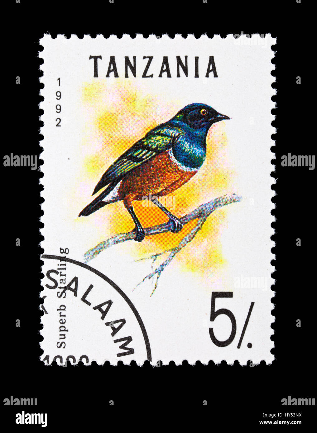 Francobollo dalla Tanzania raffigurante una superba starling (Lamprotornis superbus) Foto Stock