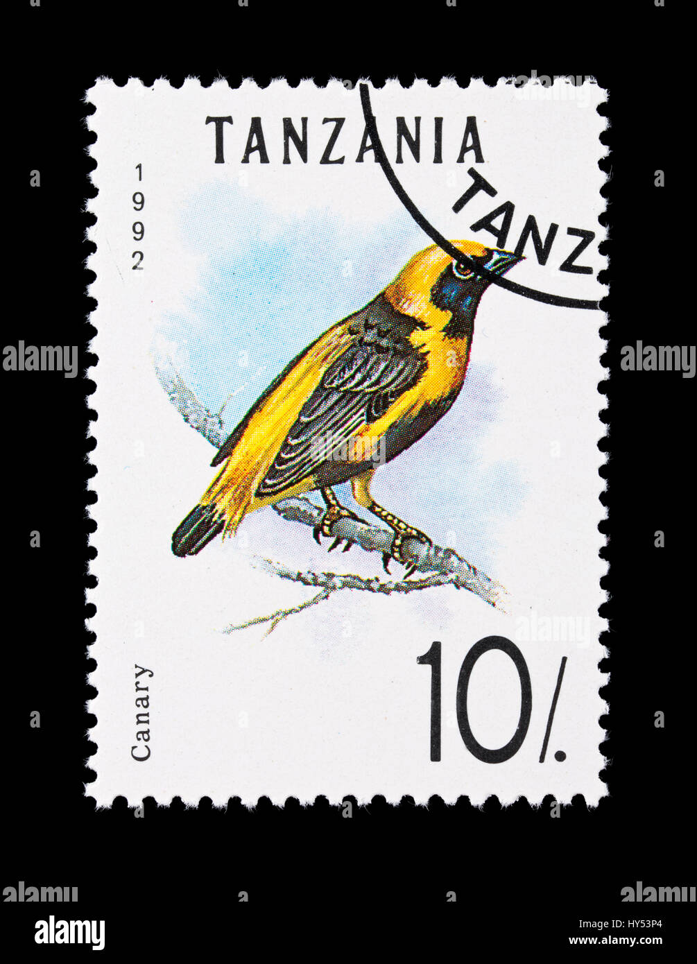 Francobollo dalla Tanzania raffigurante un canarino. Foto Stock