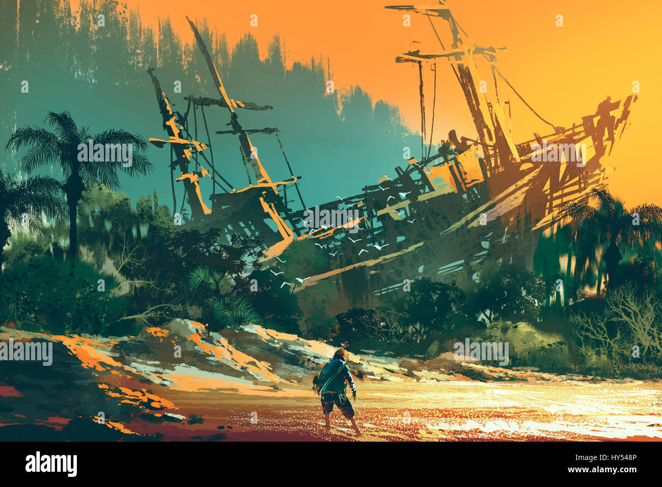 Il Castaway uomo in piedi sulla spiaggia dell'isola con barca abbandonata al tramonto, illustrazione pittura Foto Stock
