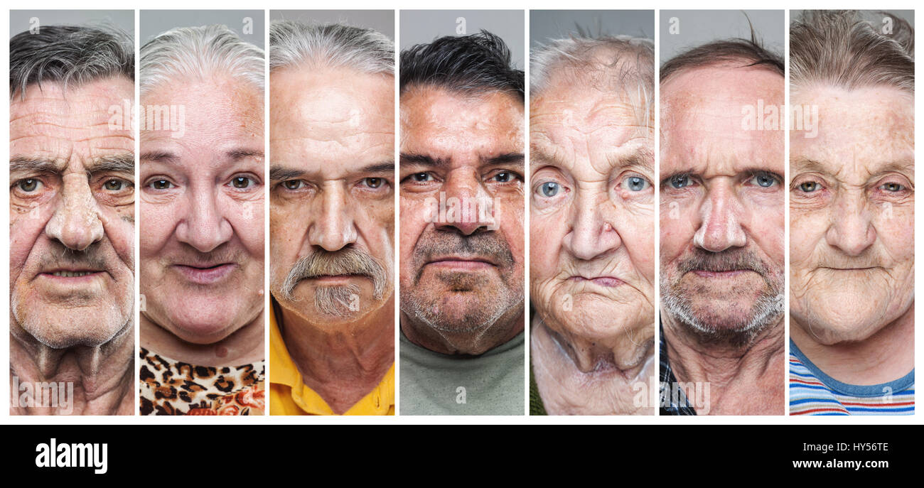 Ritratto collage di donne e uomini anziani con varie espressioni del viso Foto Stock